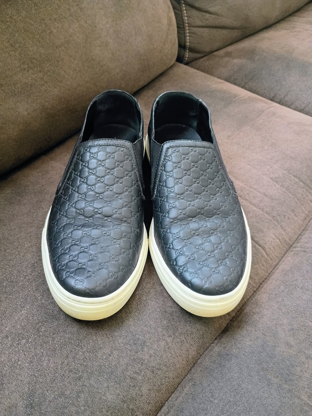 Gucci Black Embossed Leather Slip-On Sneakers with White Sole